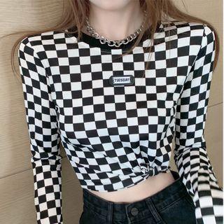 Round Neck Check Crop Top
