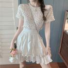 Short-sleeve Floral Top / Elastic-waist Layered Mini Skirt