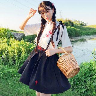 Embroidered Short-sleeve Hanfu Top / Suspender A-line Skirt