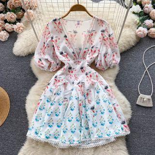 Puff-sleeve V-neck Floral Panel Lace Dress