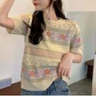 Short-sleeve Flower Print Pointelle Knit Vest Almond - One Size