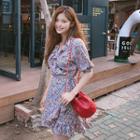 Puff-sleeve Floral Surplice-wrap Dress