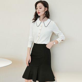 Long-sleeve Contrast Trim Wide Collar Chiffon Shirt / Frill Trim Skirt / Set
