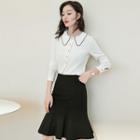 Long-sleeve Contrast Trim Wide Collar Chiffon Shirt / Frill Trim Skirt / Set