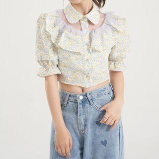 Lapel Floral Mesh Puff Short-sleeve Top