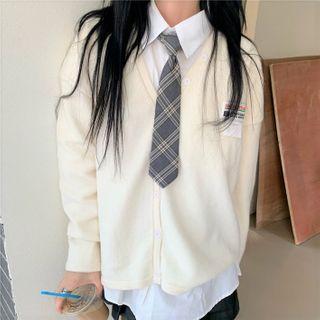 Lettering V-neck Sweater / Long-sleeve Plain Shirt / Tie / Set