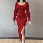 Square Neck Velvet Side-slit Midi Dress