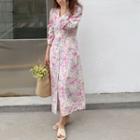 Long-sleeve V-neck Button-up Flower Print Midi Dress Pink - One Size