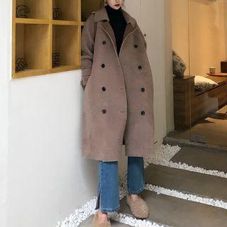 Double-breasted Lapel Long-coat With Sash Dark Khaki - One Size