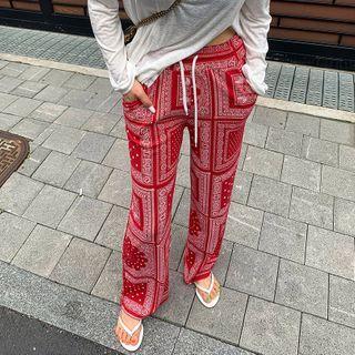Drawstring-waist Wide-leg Paisley Pants