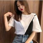 Mock Two Piece Color Panel Elbow Sleeve T-shirt As Shown In Figure - One Size