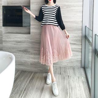 3/4-sleeve Striped Panel Sweatshirt / Midi A-line Mesh Skirt / Set