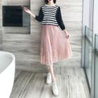 3/4-sleeve Striped Panel Sweatshirt / Midi A-line Mesh Skirt / Set