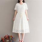 Short-sleeve V-neck A-line Midi Dress