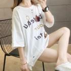 Cartoon Letter Embroidered Distressed T-shirt