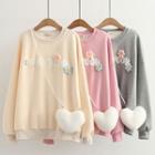 Set: Lettering Floral-accent Sweatshirt + Fluffy Heart Mini Crossbody Bag