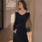 Cold-shoulder Long-sleeve Midi A-line Knit Dress