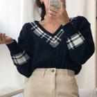 Plaid Panel Cable-knit Sweater