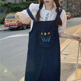 Embroidered Denim Midi Overall Dress / Blouse