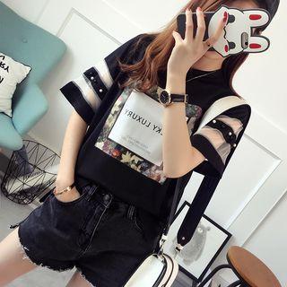 Lettering Floral Printed Mesh Panel Short Sleeve T-shirt