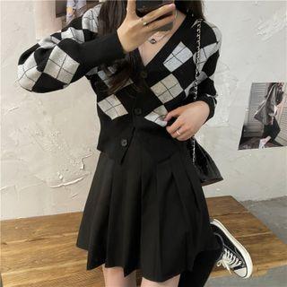 Argyle Cropped Cardigan Argyle - Gray & Black - One Size