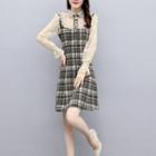 Bell-sleeve Lace Panel Plaid Mini A-line Dress