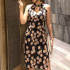 Traditional Chinese Halter Cutout Floral Slit Sheath Dress