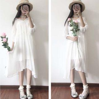 Set: 3/4-sleeve Midi A-line Dress + Slipdress