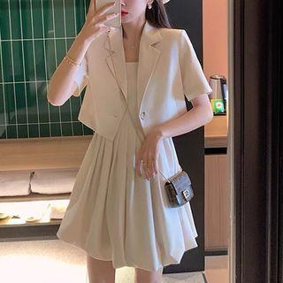 Set: Short-sleeve Single-button Blazer + Spaghetti Strap Mini A-line Dress
