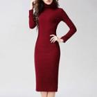 Turtleneck Ribbed Long-sleeve Midi Dress