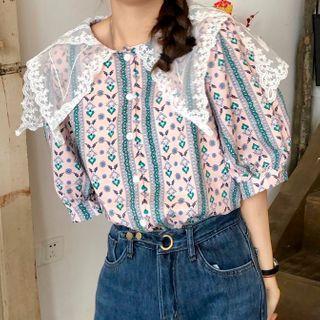Elbow-sleeve Printed Blouse Pink - One Size