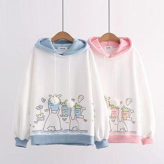Color Block Rabbit Print Fleece Lined Hoodie