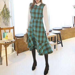 Inset Blouse Check A-line Long Dress