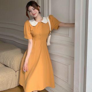 Puff-sleeve Peter Pan-collar Midi Dress