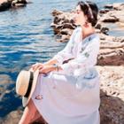 Long-sleeve Floral Embroidered Midi Chiffon Dress