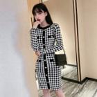 Long-sleeve Pattern Knit Dress Pattern - Black & White - One Size