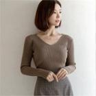 V-neck Rib-knit Top Brown - One Size