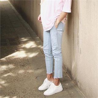 Drawstring-waist Fray-hem Tapered Jeans