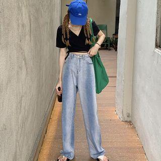 Short-sleeve V-neck Tie-waist Cropped T-shirt / High-waist Tie Dye Wide Leg Jeans
