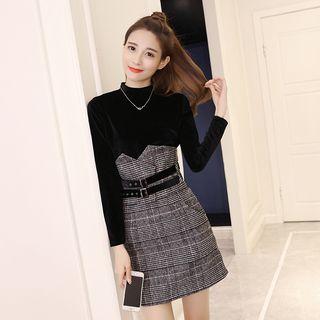 Set: Mock Neck Long-sleeve Top + Plaid High Waist Skirt