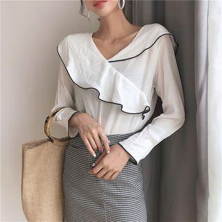 Ruffled V-neck Long-sleeve Chiffon Blouse