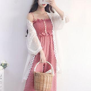 Set: Spaghetti-strap Top + Wide-leg Pants / Lace Jacket