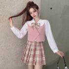 Plain Shirt / Single-button Vest / Plaid Mini Pleated Skirt