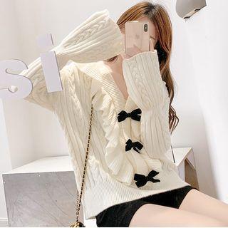 Bow Ruffle Cable Knit Cardigan