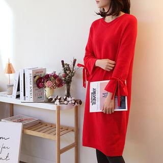 Tie-sleeve Wool Blend Knit Dress
