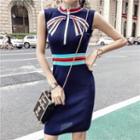 Sleeveless Contrast Trim Sheath Knit Dress Blue - One Size