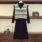 Patterned Knit Vest / Plain Midi A-line Dress / Set