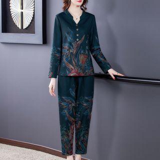 Set: Flower Print Long-sleeve Henley Top + Straight-cut Pants