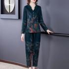 Set: Flower Print Long-sleeve Henley Top + Straight-cut Pants