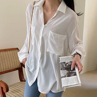 Plus Size Open-placket Dual-pocket Blouse